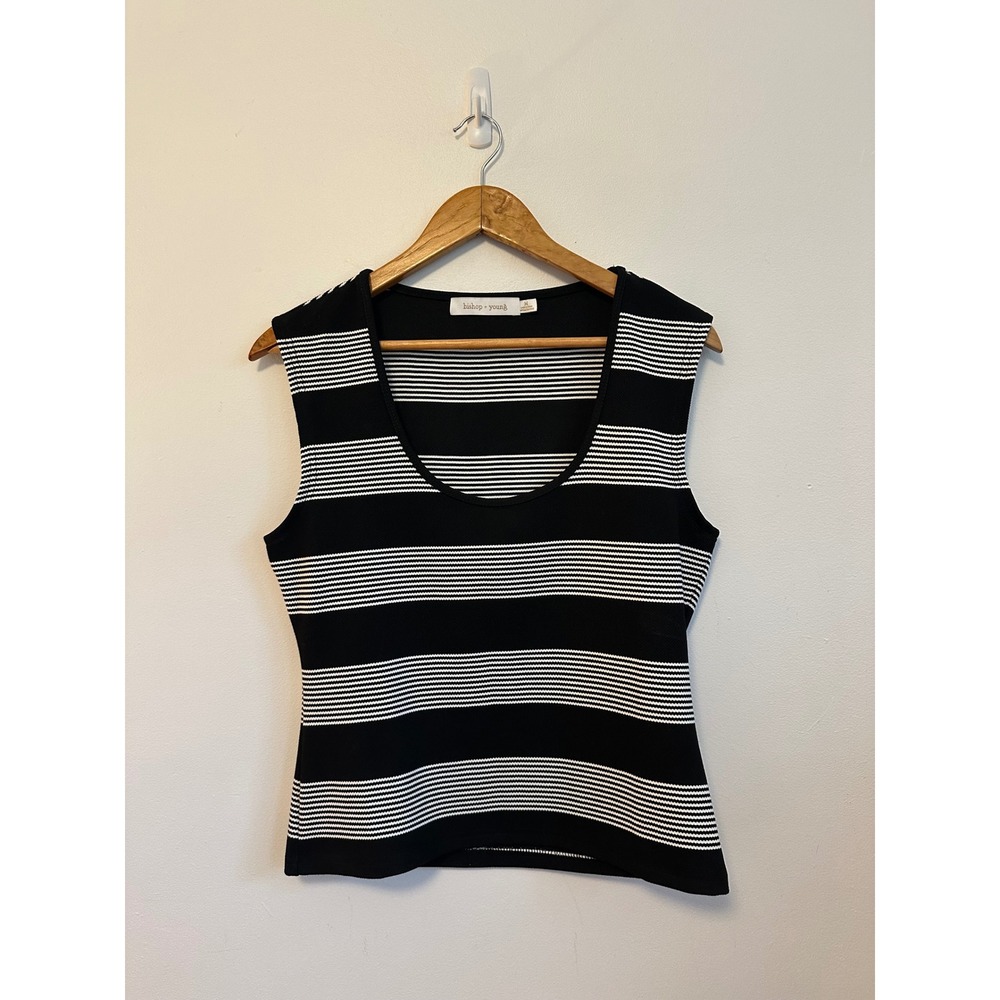 Bishop + Young Black and White Striped Scoop Neck Sleeveless Knit Top | Medium